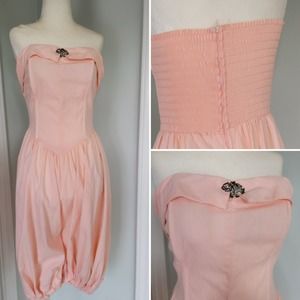 Vintage 70s 80s Harem jumpsuit strapless romper peach elephant brooch